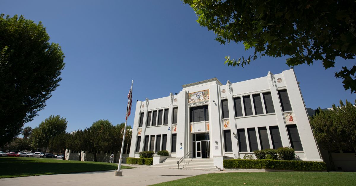 Afternoon sunlight shines on the historic downtown high school in Taft, California, on Sept. 20, 2024.
