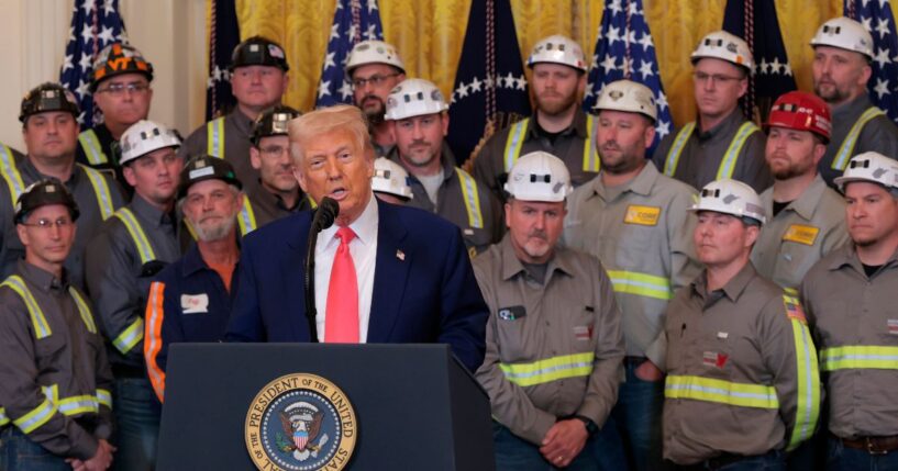 President Donald Trump speaks alongside coal and energy workers during an executive order signing ceremony in the East Room of the White House on April 8, 2025, in Washington, D.C.