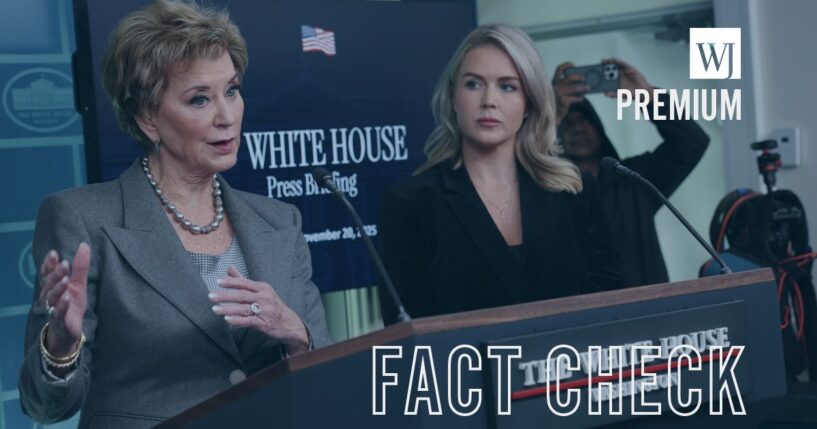 Secretary of Education Linda McMahon, left, speaks during a White House news briefing with White House press secretary Karoline Leavitt on Nov. 20 in Washington, D.C.