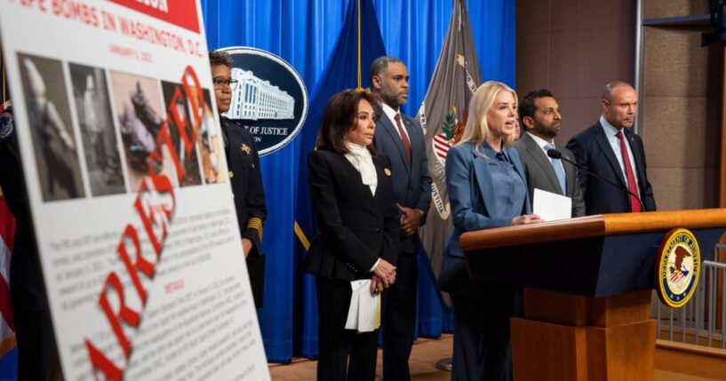 Attorney General Pam Bondi, Washington Metropolitan Police Chief Pamela Smith, U.S. Attorney Jeanine Pirro, ATF Special Agent in Charge of Washington Anthony Spotswood, FBI Director Kash Patel, and FBI deputy director Dan Bongino speak during a Department of Justice news conference on Dec. 4, 2025, in Washington, DC.