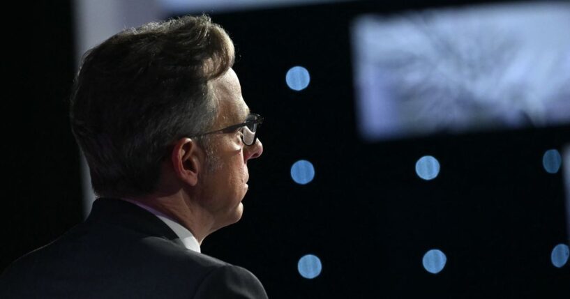 CNN anchor Jake Tapper looks on during the first presidential debate between Then-President Joe Biden and then-Presidential candidate Donald Trump at CNN's studios in Atlanta, Georgia, on June 27, 2024.