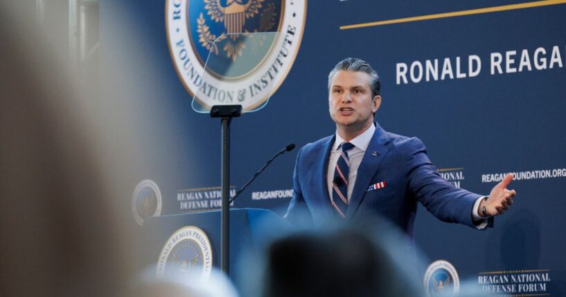 Secretary of Defense Pete Hegseth speaks at the Reagan National Defense Forum on Dec. 6, 2025 at the Ronald Reagan Presidential Library in Simi Valley, California.