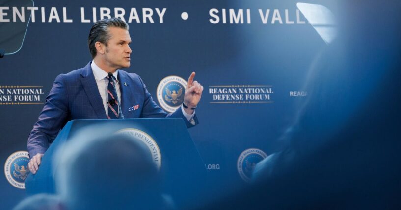 Secretary of War Pete Hegseth speaks at the Reagan National Defense Forum on Dec. 6, 2025 in Simi Valley, California.