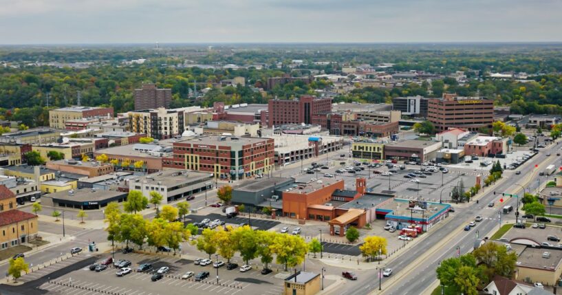 An aerial view of Saint Cloud, Minnesota, on an overcast day.