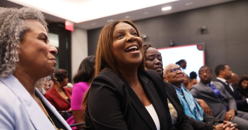 Letitia James joins other politicians at a ribbon-cutting ceremony in Harlem on Nov. 12, 2025 in New York City.