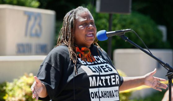 T. Sheri Dickerson, co-founder of Black Lives Matter Oklahoma City, speaks during a rally outside the Stillwater Police Department in Stillwater, Oklahoma, on June 3, 2020.