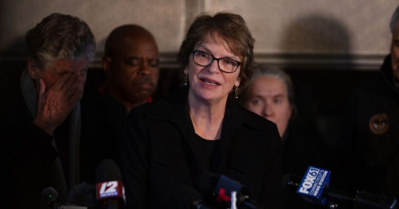 Brown University President Christina Paxson answers journalists' questions during a news conference after a shooting occurred on campus in Providence, Rhode Island, on Dec. 13, 2025.