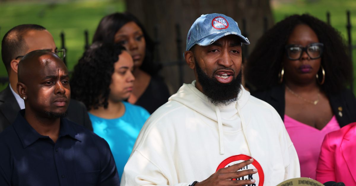 Co-founder of Until Freedom Mysonne Linen speaks at a news conference at Park Row in New York City on May 11, 2023.