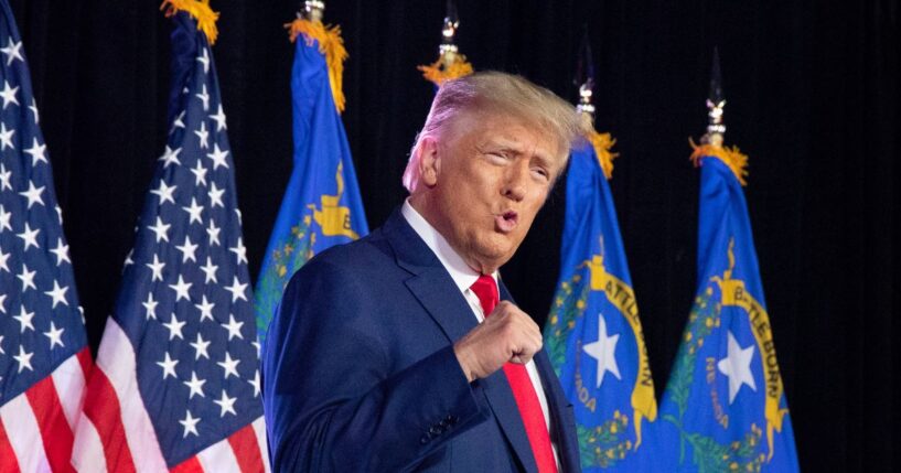 President Donald Trump pumps his fist at an event in Fervent Calvary Chapel Church in Las Vegas on July 8, 2023.