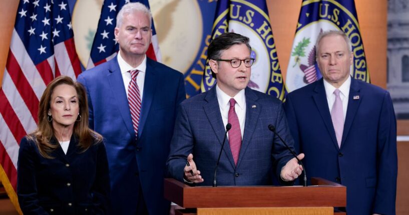 House Speaker Mike Johnson of Louisiana, flanked by other House Republicans, discusses affordability Wednesday at a news conference at the U.S. Capitol in Washington, D.C. The Republican leaders discussed health care plans with a vote regarding an extension of Obamacare subsidies looming.