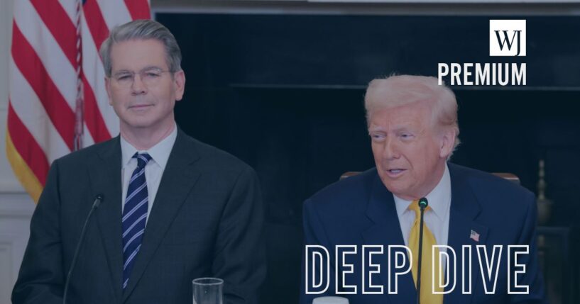 Treasury Secretary Scott Bessent and President Donald Trump look on during the White House Digital Assets Summit in the State Dining Room of the White House on March 7, 2025, in Washington, D.C.
