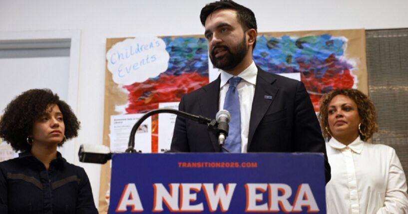 New York City Mayor-elect Zohran Mamdani speaks to the media on Wednesday with his then-Appointments Director Catherine Almonte Da Costa, left, and Jahmila Edwards, right, the head of the Mayor's Office of Intergovernmental Relations.