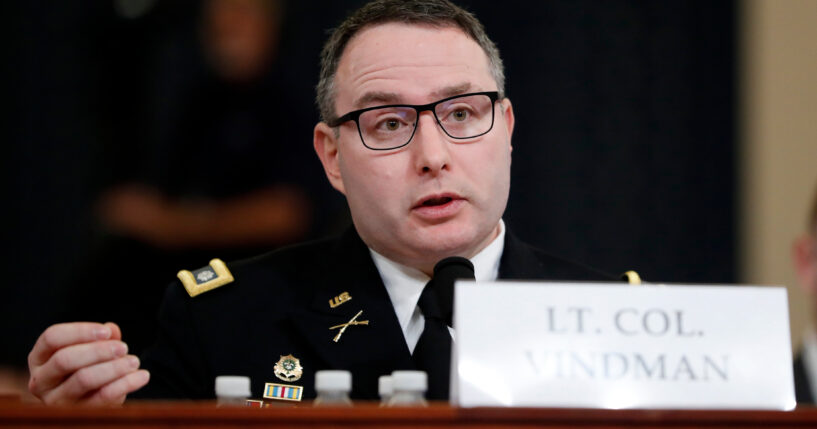 National Security Council aide Lt. Col. Alexander Vindman testifies before the House Intelligence Committee on Capitol Hill in Washington, D.C., on Nov. 19, 2019.