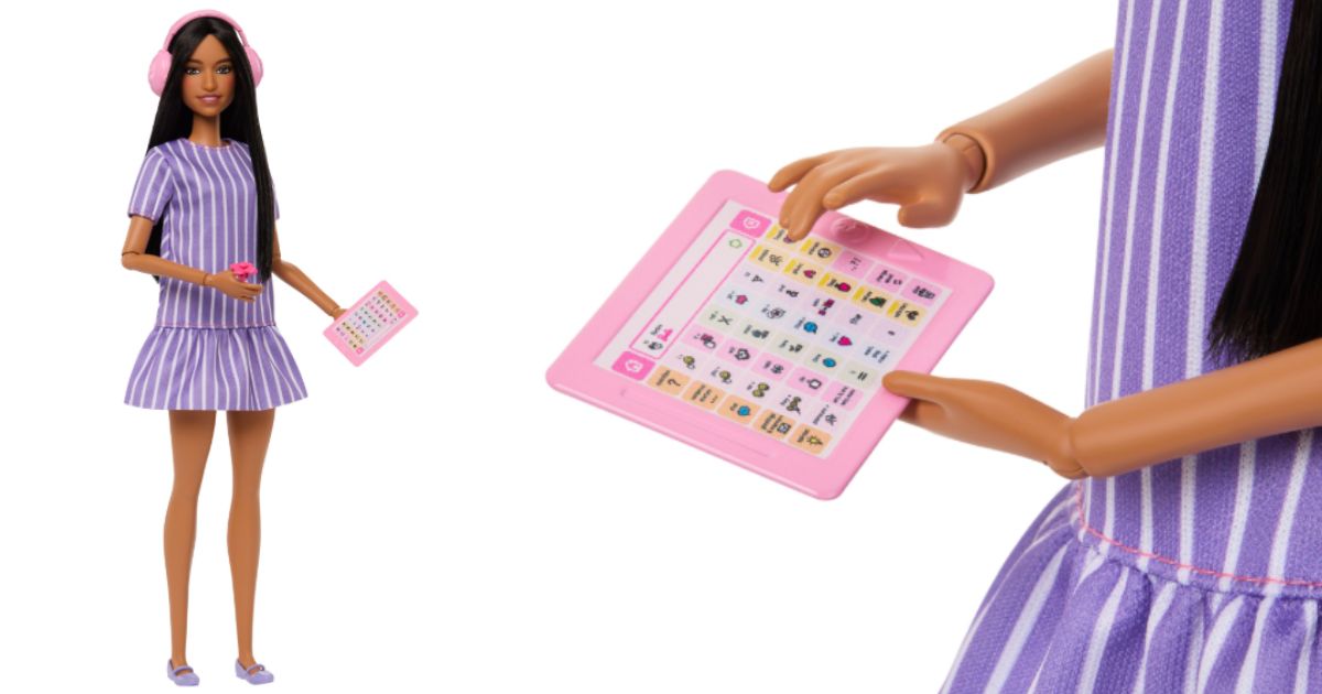 The autistic Barbie comes with headphones to cancel noise and a simulated computer tablet used for communication.