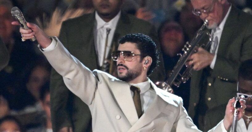 Puerto Rican rapper Benito Antonio Martínez Ocasio, who goes by the stage name Bad Bunny, performs on stage at his Dec. 10 show in Mexico City.