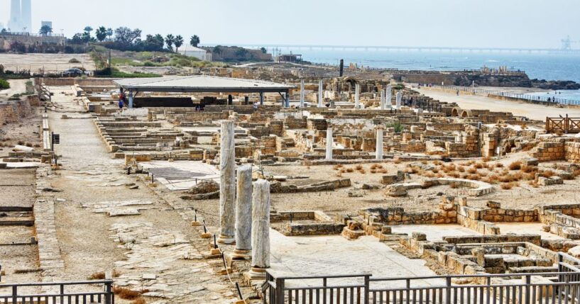 A view of the excavations of Herod's palace in Caesarea Maritima National Park.
