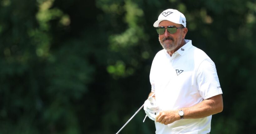 Phil Mickelson of Hyflyers GC walks the 16th fairway on day two of LIV Golf Indianapolis at The Club at Chatham Hills on Aug. 16, 2025, in Westfield, Indiana.