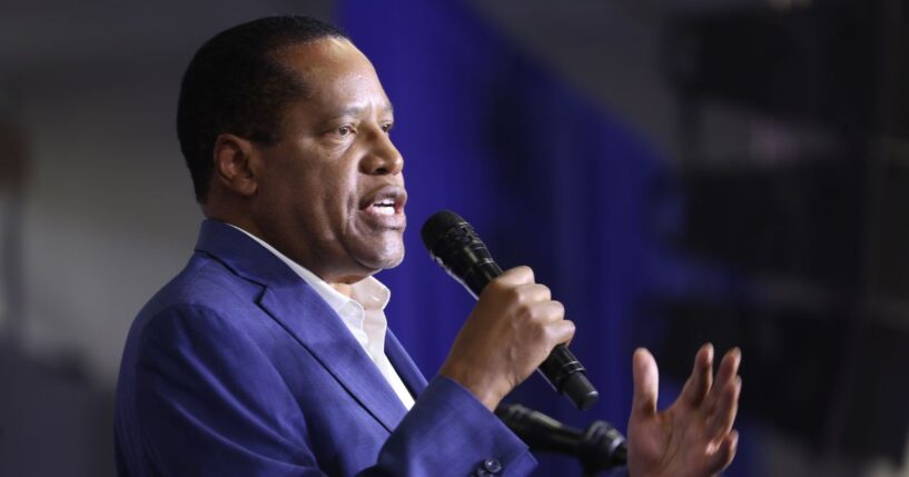 Republican radio talk show host Larry Elder speaks to guests at Ashley's BBQ Bash hosted by Rep. Ashley Hinson on Aug. 6, 2023, in Cedar Rapids, Iowa.