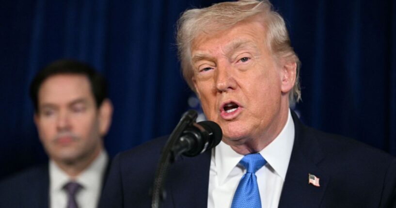 President Donald Trump speaks to the press as Secretary of State Marco Rubio looks on following U.S. military actions in Venezuela at his Mar-a-Lago residence in Palm Beach, Florida, on Jan. 3, 2026.