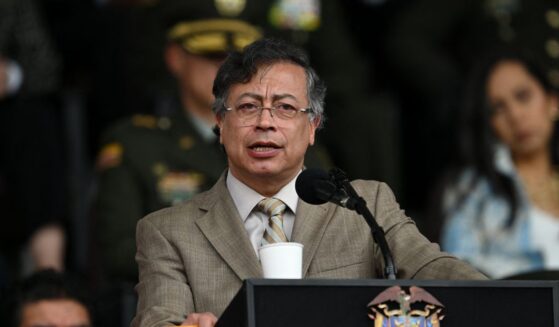 Colombian President Gustavo Petro delivers a speech during the commemoration of the 134th anniversary of the National Police and the promotion of officers at the General Santander Police Academy in Bogota, Colombia, on Nov. 13, 2025.