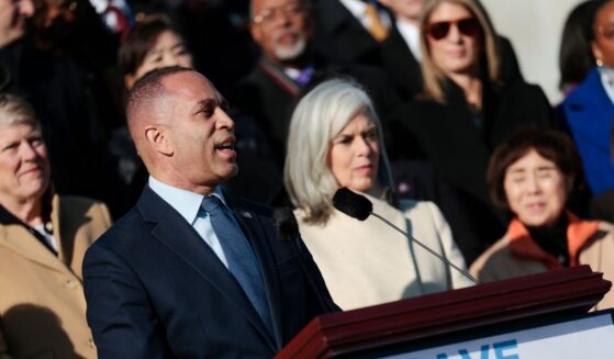 House Minority Leader Hakeem Jeffries and fellow Democratic leaders hold a media availability on the East Front Steps of U.S. Capitol on Dec. 18, 2025, in Washington, D.C.