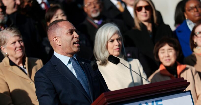 House Minority Leader Hakeem Jeffries and fellow Democratic leaders hold a media availability on the East Front Steps of U.S. Capitol on Dec. 18, 2025, in Washington, D.C.