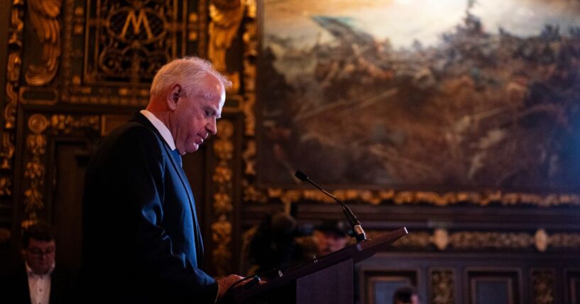 Minnesota Gov. Tim Walz speaks during a press conference at the State Capitol building on Jan. 5, 2026, in St. Paul, Minnesota.