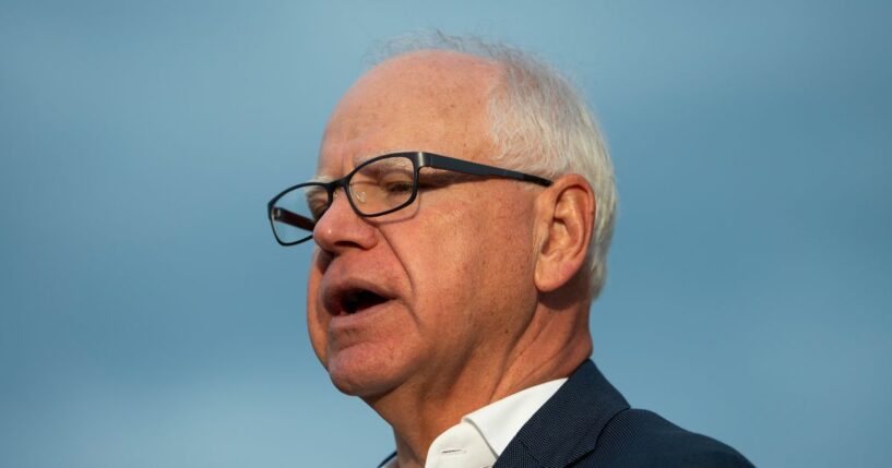 Minnesota Gov. Tim Walz speaks to media gathered on the first day of school at Deerwood Elementary on Sept. 2, 2025, in Eagan, Minnesota.