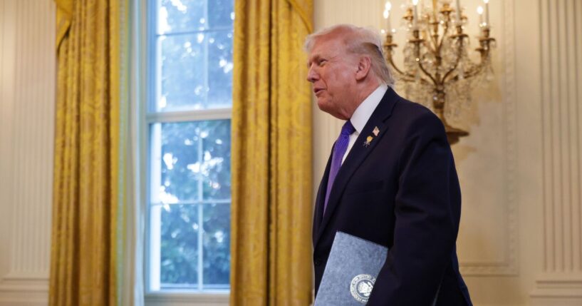President Donald Trump arrives to a meeting with oil and gas executives in the East Room of the White House on Jan. 9, 2026, in Washington, D.C.