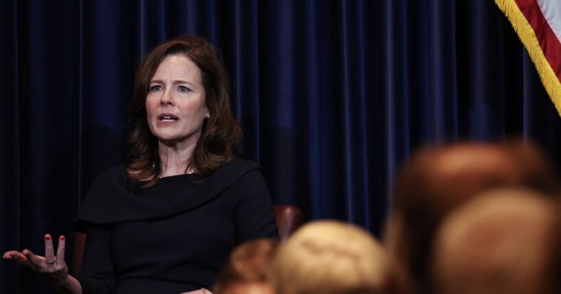 Supreme Court Justice Amy Coney Barrett speaks at the Reagan Library on Sept. 9, 2025, in Simi Valley, California.