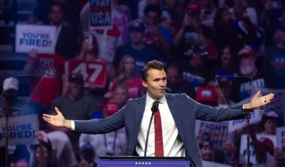 Turning Point USA founder Charlie Kirk speaks during a campaign rally for President Donald Trump at Desert Diamond Arena on Aug. 23, 2024, in Glendale, Arizona.