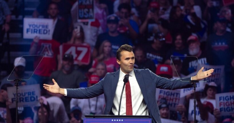 Turning Point USA founder Charlie Kirk speaks during a campaign rally for President Donald Trump at Desert Diamond Arena on Aug. 23, 2024, in Glendale, Arizona.