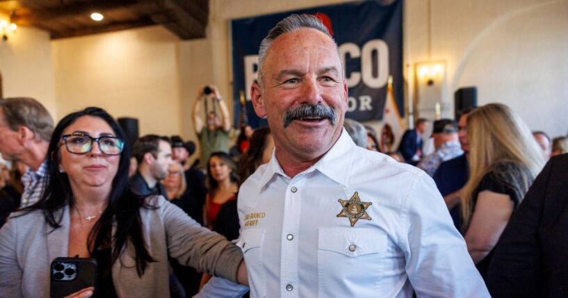 Riverside County Sheriff Chad Bianco mingles through the crowd after announcing his bid for governor at Avila's Historic 1929 Event Center on Feb. 17, 2025, in Riverside, California.
