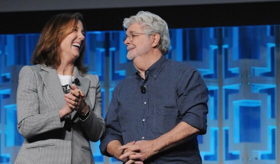 Kathleen Kennedy and George Lucas attend the 40 Years of Star Wars panel during the 2017 Star Wars Celebration at Orange County Convention Center on April 13, 2017, in Orlando, Florida.