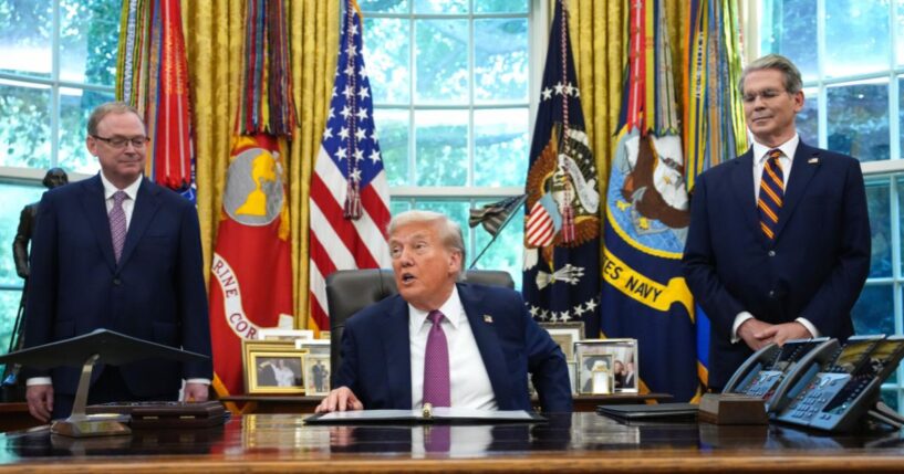 President Donald Trump announces plans for the 2026 G20 summit as Treasury Secretary Scott Bessent and National Economic Council Director Kevin Hassett look on during a press availability in the Oval Office of the White House on Sept. 5, 2025, in Washington, D.C.