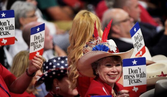 Delegates from Texas hold signs that read "Don't Mess with Texas" on the second day of the Republican National Convention on July 19, 2016, at the Quicken Loans Arena in Cleveland, Ohio.