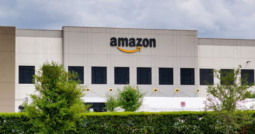 An Amazon warehouse facility storefront exterior in Houston, Texas, on April 4, 2021.