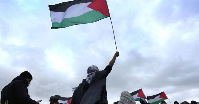 A protester waves a Palestinian flag while another holds a banner saying "Shut Elbit Down" during the demonstration on Jan. 23, 2026, in Sandwich, United Kingdom.