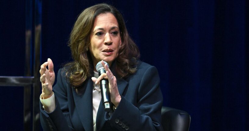 Former Vice President Kamala Harris speaks onstage during her "107 Days" book tour at Tabernacle on Oct. 8, 2025, in Atlanta, Georgia.