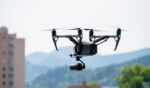 A view of a drone with a camera flying over a city.