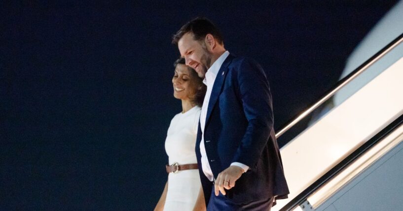 Vice President J.D. Vance and Second Lady Usha Vance arrive at Joint Base Andrews following a trip to Israel, on Oct. 24, 2025, in Maryland.