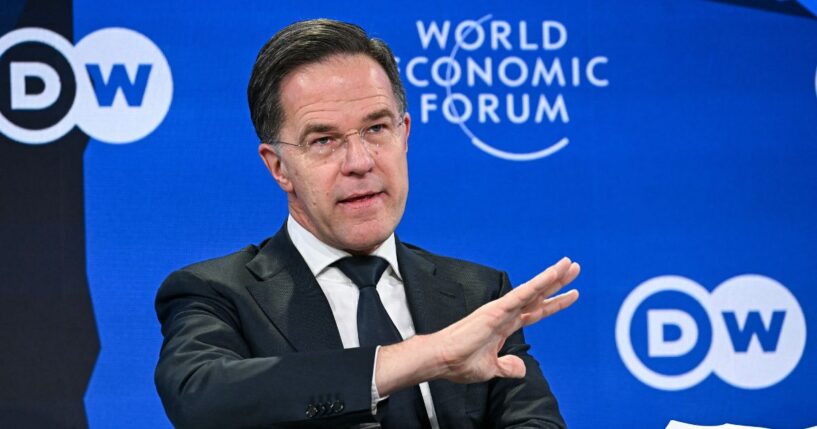 NATO Secretary General Mark Rutte gestures as he speaks during the World Economic Forum annual meeting in Davos on Jan. 21, 2026.