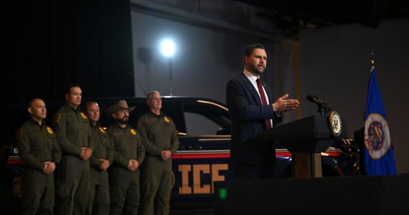 Vice President J.D. Vance gives remarks following a roundtable discussion with local leaders and community members amid a surge of federal immigration authorities in the area, at Royalston Square on Jan. 22, 2026, in Minneapolis, Minnesota.