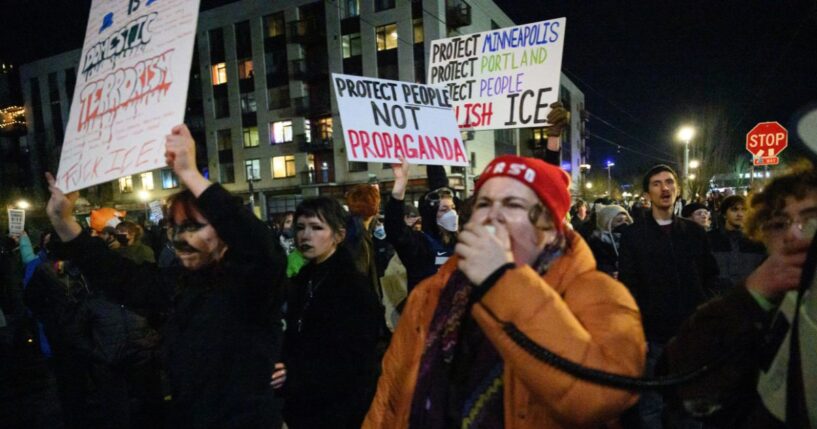 Anti-ICE activists march during a protest at the U.S. Immigration and Customs Enforcement facility on Jan. 9, 2026, in Portland, Oregon.