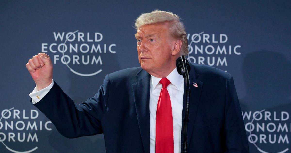 President Donald Trump speaks during a reception for business leaders at the World Economic Forum Annual Meeting on Jan. 21, 2026, in Davos, Switzerland.