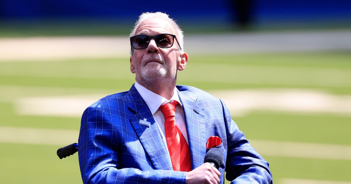 Indianapolis Colts owner Jim Irsay looks on during the ceremony for Dwight Freeney at Lucas Oil Stadium on Sept. 8, 2024, in Indianapolis, Indiana.