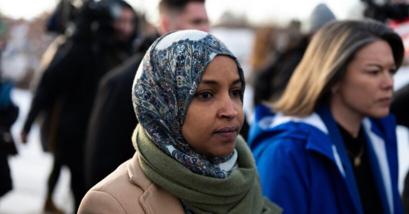 Rep. Ilhan Omar and Rep. Angie Craig arrive outside of the regional ICE headquarters at the Bishop Henry Whipple Federal Building on Jan. 10, 2026, in Minneapolis, Minnesota.