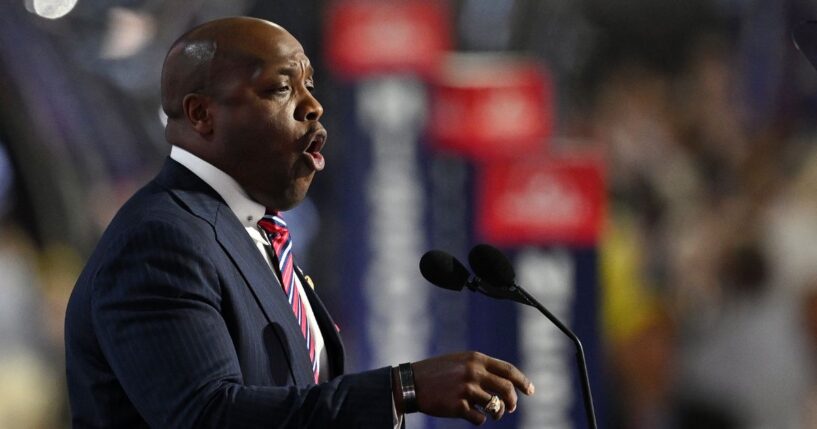 Rep Wesley Hunt speaks on stage during the first day of the Republican National Convention at the Fiserv Forum on July 15, 2024, in Milwaukee, Wisconsin.