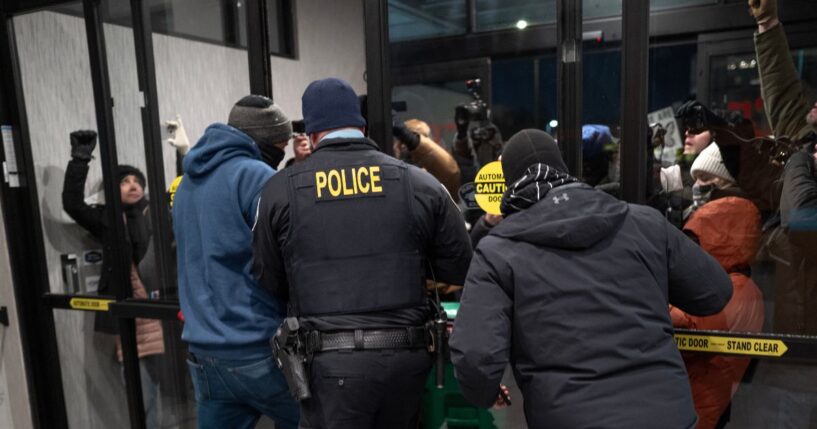 Rioters protest at a hotel on Jan. 25, 2026, in Minneapolis, Minnesota.