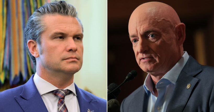 War Secretary Pete Hegseth, left, said the video that Sen. Mark Kelly, right, an Arizona Democrat, participated in was "reckless and seditious" and "was clearly intended to undermine good order and military discipline."